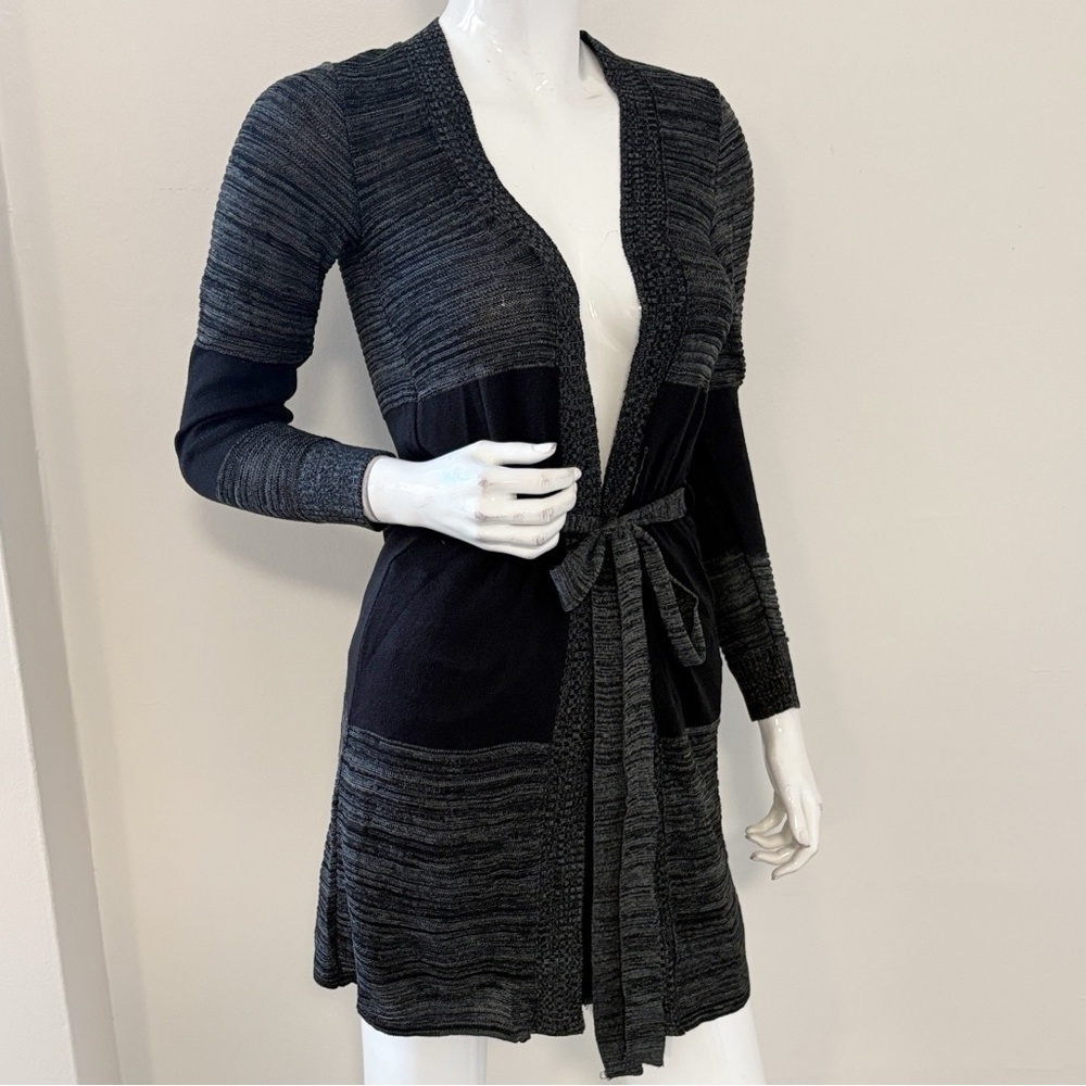 Y2k Vintage Deadstock Black & Grey Colorblock Open Front Belted Cardigan Sweater — image 3 of 6